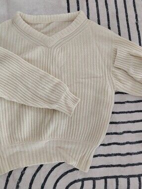 Lemaire Wool Cream Ribbed V-Neck Women's Sweater